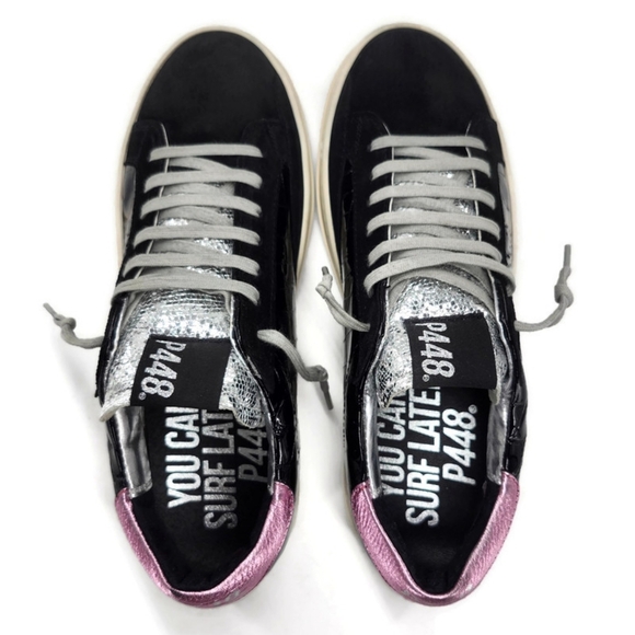 P448 John Black Suede Patent Leather Croc Pattern Pink Heel Pad Lace Up Sneakers - Picture 6 of 16